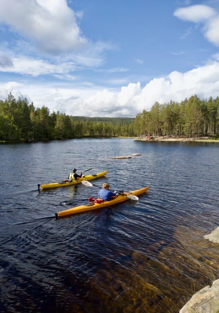 yellow kayak on body of water near green trees under blue and white cloudy sky during